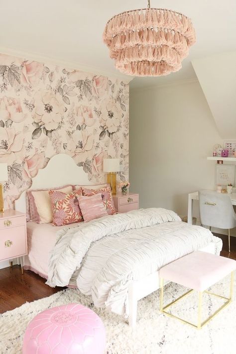 blooms Big Girl Rooms Wallpaper, Floral Wallpaper Bedroom Girl Rooms, Teen Girl Floral Wallpaper, Flower Wallpaper Bedroom Kids, Flower Wallpaper Toddler Room, Girls Bedroom Wallpaper, Are Ideas, Cozy Fall Bedroom, Girl Bedrooms