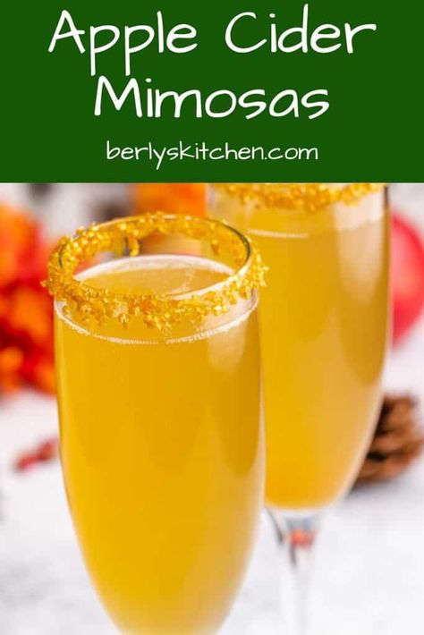 Apple Cider Mimosas (with Caramel Vodka) | Berly's Kitchen Apple Cider Mimosa Pitcher, Carmel Vodka, Cider Mimosa, Pomegranate Mimosa, Cider Mimosas, Apple Cider Mimosa, Alcoholic Treats, Cider Drinks, Caramel Vodka