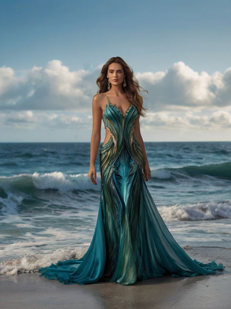 Ocean Inspired Fashion Haute Couture, Under The Sea Gown, Sea Dress The Beach, Water Element Outfit, Water Inspired Fashion, Ocean Inspired Dress, Blacktie Dress, Westeros Fashion, Ocean Dress