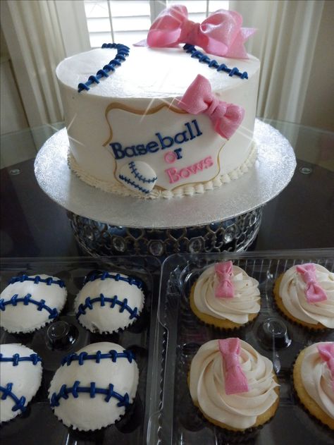 Gender Reveal Baseball or bows Gender Reveal Ideas Baseball, Gender Reveal Baseball, Baseball Gender Reveal, Gender Reveal Party Food, Bows Gender Reveal, Baby Reveal Cakes, Sunshine Decorations, Gender Reveal Baby Shower Themes, Baseball Ideas