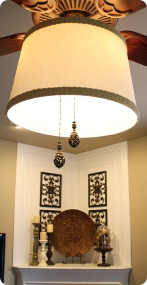 Have you ever considered adding a drum shade from a lamp to a ceiling fan? Here's how! Thrifty Decor Chick Bathroom Fan Ideas, Bedroom Light Ceiling, Fancy Ceiling, Ceiling Fan Update, Diy Drum Shade, Fan Makeover, Ceiling Fan Light Cover, Ceiling Fan Globes, Diy Drum