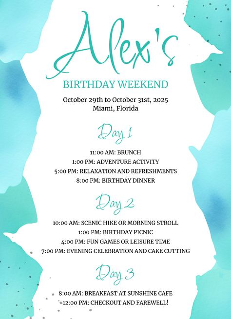 Birthday Itinerary Free Google Docs Template - gdoc.io Birthday Itinerary Template, Birthday Weekend Itinerary, Itinerary Template Free, Birthday Itinerary, Weekend Itinerary Template, Wedding Weekend Itinerary, Bachelorette Party Itinerary, Docs Templates, Vacation Itinerary