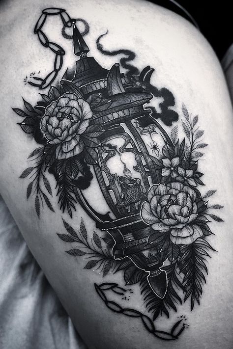 Dark Beautiful Tattoos, Lantern Chest Tattoo, Gothic Lantern Tattoo, Candle Tattoo Ideas, Gothic Tattoos For Women, Candle Lantern Tattoo, Floral Chest Tattoo, Lantern Tattoos, Lantern With Flowers