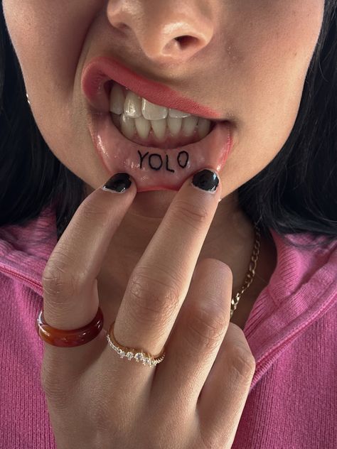 Yolo Lip Tattoo, Tatto Lips, Yolo Tattoos, Eminem Tattoo, Inner Lip Tattoo, Whimsical Creatures, Small Tats, Sealed With A Kiss, Sharpie Tattoos