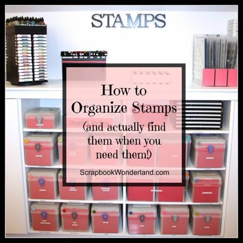 It's one thing to organize your stamps, it's another thing entirely to find the one you want when it's time to scrapbook. Follow along with as she helps you to get a handle on stamp sets: acrylic, wooden block, different sizes, etc. ink pads: dye ink, pigment ink, distress ink, Staz On, etc. Stamp Organization, Scrapbook Room Organization, Craft Room Organisation, Craft Organisation, Craft Room Storage Ideas, Craft Storage Ideas, Craft Storage Organization, Scrapbook Storage, Scrapbook Organization