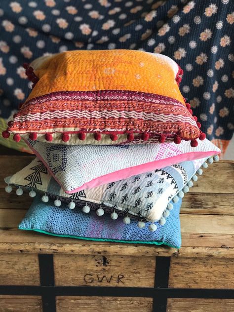 Colourful Indian vintage Kantha cushion covers all individually made Kantha Cushions, Vintage Kantha, Felting Tutorials, Cushion Covers, Felt, Cushions, Hats, Color