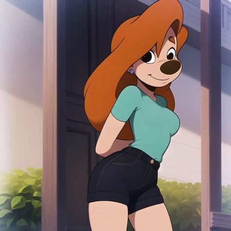 The image is of Roxanne from A Goofy Movie. She is a tall, slender anthropomorphic dog with orange fur, brown eyes, and long red hair. She is wearing a green T-shirt, blue denim shorts, and white sneakers. She is standing in front of a door, with her left hand on her hip and her right hand holding the door open. She has a confident smile on her face. Roxanne Goofy Movie Fanart, Orange Hair Characters Cartoon, Cartoon Characters With Brown Hair, Orange Hair Characters, A Goofy Movie Roxanne, Roxanne Goofy Movie, Roxanne Goofy, The Goofy Movie, Max And Roxanne