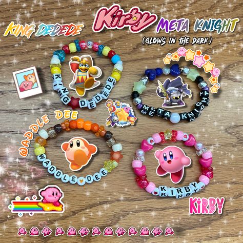 ⭐️Ready to go on an adventure with Kirby and friends? Or just simply wear your favorite character?⭐️ Well, now you can with one of these bracelets! Each bracelet is stretchy enough to fit an average sized wrist. However, if a bigger or smaller size is needed please contact me when placing your order! Have any further questions? Please talk to me, and I'll answer them as best I'm able!  ❗️DISCLAIMER: I own nothing but the patterns/designs of these bracelets. These bracelets are only inspired by the Kirby characters. All other rights go to their respective owners and creators. It is recommended you don't get these bracelets wet. Kirby Party Games, Kirby Kandi Pattern, Plur Bracelets Kandi, Bracelet Ideas Characters, Cartoon Bracelet Ideas, Friendship Bead Bracelets Ideas, Friendship Bracelets For 4, Kirby Bracelet, Bracelet Patterns Ideas