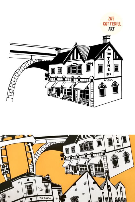 Black and white illustration of The Tyne Bar, Ouseburn as part of my Ouseburn pubs art print. I hand drew each building using ink, then digitally edited it to create the final image. This print captures some of Newcastle's best pubs and breweries, including The Free Trade Inn, The Cluny, The Tyne Bar and other iconic Ouseburn landmarks Ouseburn Barrage, The Toffee Factory, and Byker Bridge. Ouseburn Newcastle, Craft Illustration, Art Presents, Free Trade, Best Pubs, Building Illustration, White Illustration, Newcastle Upon Tyne, Black And White Illustration