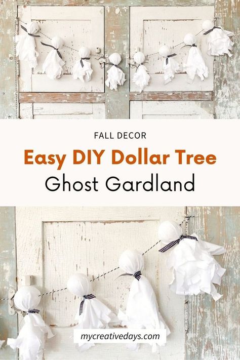 Easy DIY dollar store ghost garland for Halloween. Looking for a fun and easy DIY Halloween decoration and Halloween craft? This cute DIY ghost garland is so easy to make, and it’s the perfect Halloween craft or kids and adults! Click through for the full tutorial. Dollar tree Halloween crafts Ghost Garland Diy, Diy Ghost Decoration, Ghost Garland, Diy Ghost, Easy Diy Halloween Decorations, Ghost Diy, Dollar Tree Halloween, Dollar Store Halloween, Halloween Decorations Diy Outdoor