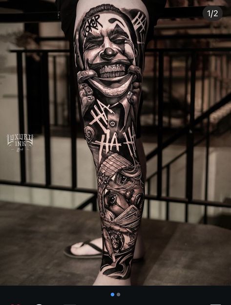 Artistic Sleeve Tattoos, Realism Calf Tattoo, They Come They Go Tattoo Leg, Custom Sleeve Tattoos, Marvel Leg Sleeve Tattoo, Joker Leg Sleeve, Shin Sleeve Tattoo, Realism Leg Sleeve, Tattoo Filler Ideas Men Backgrounds