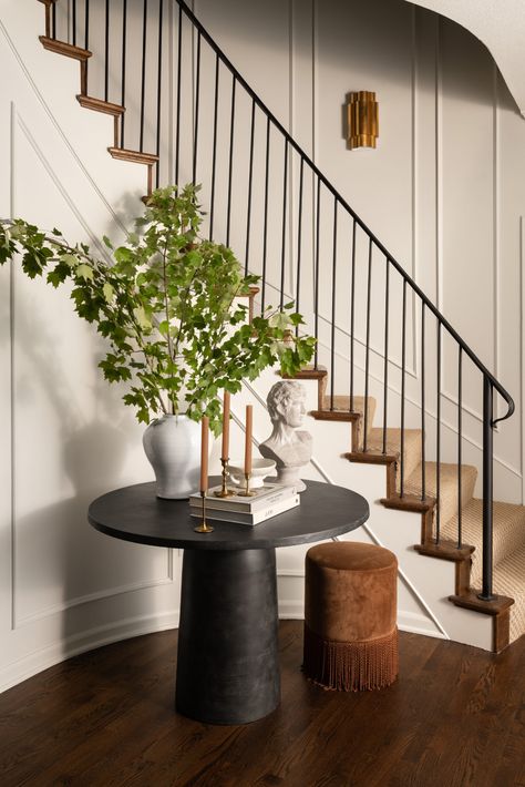 catalina leawood project - Collected Living Design Curved Staircase Foyer, New Traditional Interior Design, Round Foyer, Foyer Table Decor, Entrance Table Decor, Round Entry Table, Foyer Ideas Entryway, Entryway Design, Grand Entryway