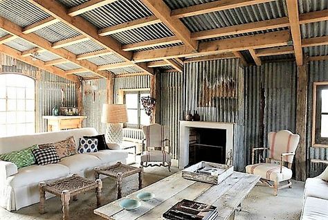 Eight Totally Terrific Barndominium Design Ideas With Corrugated Tin Corrugated Metal Wall, Tin Interior, Barn Tin, Tin Shed, Corrugated Tin, Tin House, Out In The Country, Shed Home, Hgtv Dream Home