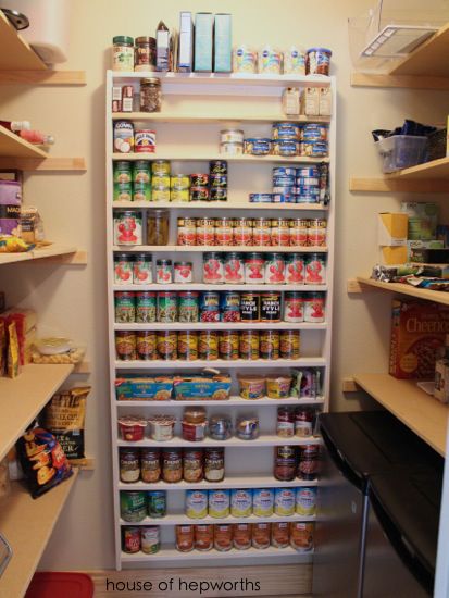 DIY pantry shelf - super easy to build. Tutorial at www.houseofhepworths.com Pantry Shelving For Canned Goods, Shallow Pantry Wall Narrow Shelves, Walk In Pantry With Cleaning Storage, Walk In Pantry Can Storage, Pantry Can Shelf, Shallow Pantry Shelves, Narrow Walk In Pantry With Fridge, Narrow Pantry Shelves, Storing Home Canned Goods