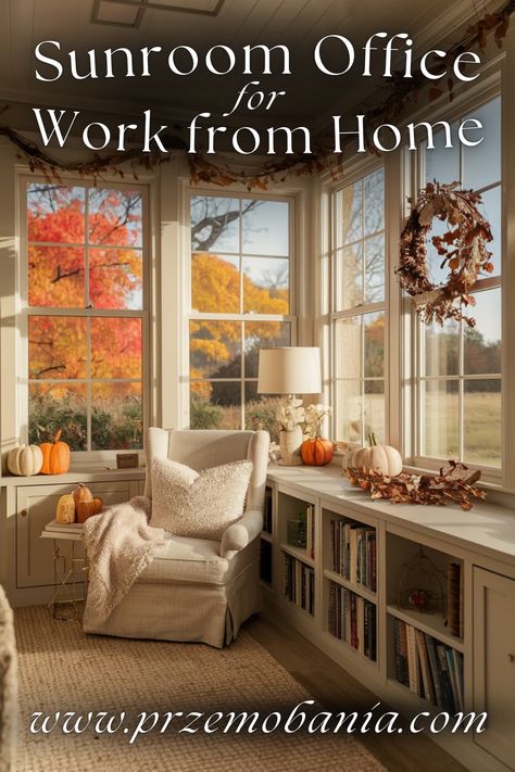 Brighten your workspace with autumnal decorations in your sunroom office. Use natural light, cozy fall decor, and warm colors to create an inspiring and comfortable environment. Perfect for home office design ideas that incorporate the beauty of the autumn season. #sunroomoffice #autumnaldecor #cozyfalldecor #naturalight #homeofficeideas #falltrends #cozyhomeoffice #fallhomedecor #decoration #officeinspo Sunroom Office Ideas, Autumnal Decorations, Sunroom Office, Office With A View, Home Office Design Ideas, Garden Home Office, Office Design Ideas, Cozy Office, Cozy Home Office