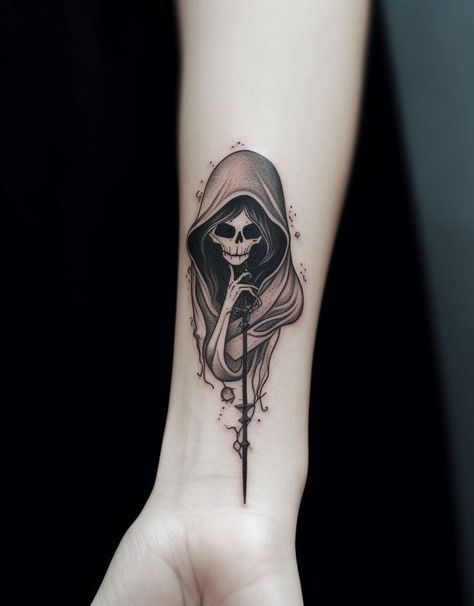 Grim Reaper Tattoo Dark, Women Grim Reaper Tattoo, Small Grim Reaper Tattoo Design, Grim Reaper Woman Tattoo, Grim Reaper Tattoo Feminine, Woman Grim Reaper Tattoo, Feminine Reaper Tattoo, Small Reaper Tattoo, Female Reaper Tattoo