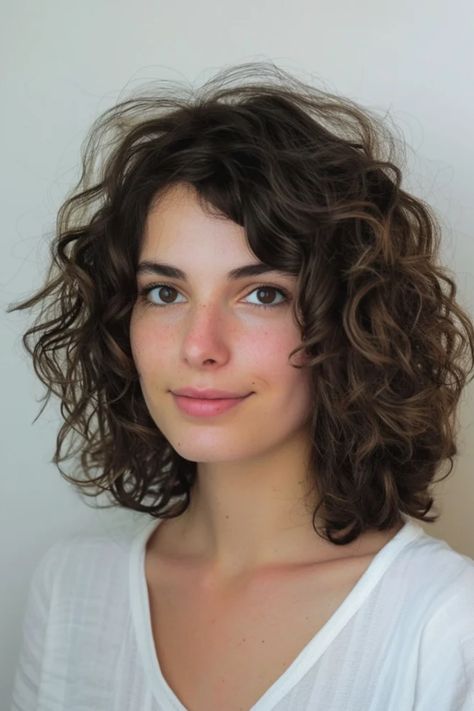 A smiling young woman with curly brown hair and bright eyes against a light background. Shoulder Length Fine Wavy Hair, Trendy Shoulder Length Haircuts Straight, Mid Length Permed Hair, Shoulder Curly Hair, Curly Hairstyles With Layers, Shoulder Length Hair Curly, Shoulder Length Permed Hair, Curly Mid Length Hair, Shoulder Length Wavy Hairstyles