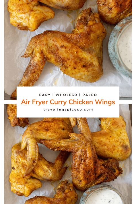 Air Fryer Curry Chicken Wings – Extra crispy and flavorful, these wings have all the curry flavor you love. Slightly spicy and dipped in a cool Tzatziki sauce. Oven cooking instructions included. #chickenwings #whole30chicken #airfryerchickenwings Air Fryer Curry, Curry Chicken Wings, Baked Curry Chicken, Chicken Wings Recipe Oven, Wings In The Oven, Air Fryer Chicken Wings, Tailgating Recipes, Tzatziki Sauce, Air Fryer Recipes Easy