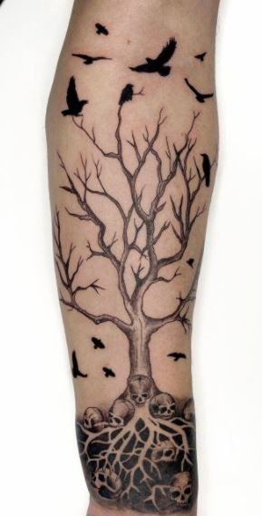 Tree With Skull Tattoo, Tree Of Life Tattoo Forearm Women, Haunted Tree Tattoo, Christian Tree Tattoo, Bare Tree Tattoo, Tree With Flowers Tattoo, Tree Tattoos For Women Arm, Gothic Tree Tattoo, Tree Branch Tattoos For Women