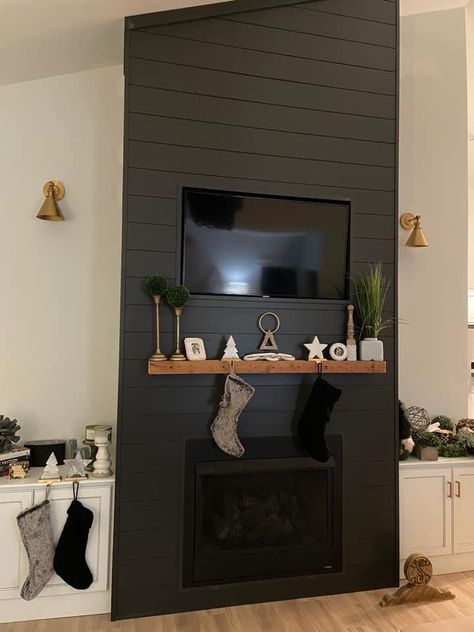 Gas Fireplaces Ideas Living Rooms, Dark Grey Shiplap Fireplace, Black Electric Fireplace Wall, Rug In Front Of Fireplace, Board And Batten Fireplace With Tv, Iron Ore Fireplace Wall, Black Fireplace Ideas, Dark Fireplace Wall, Black Shiplap Fireplace