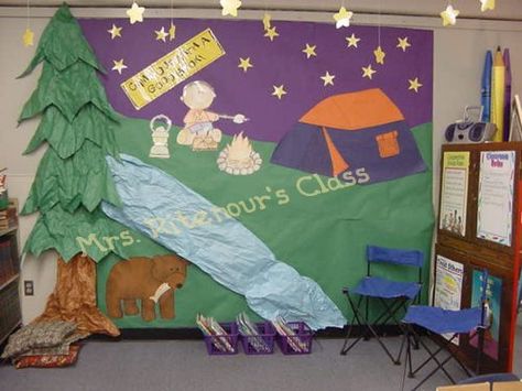 Pine Tree Bulletin Board, Paper Pine Trees Classroom, Campfire Display Classroom, Magic Tree House Bulletin Board, Camping Theme Book Corner, Tree Study Bulletin Board Preschool, Camping Theme Library, Camping Preschool, Forest Classroom