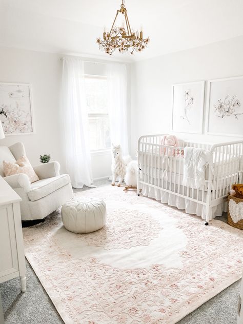 Nursery Pottery Barn Kids, Light Blush Nursery, Nursery With Rug On Hardwood, Neutral And Blush Nursery, Nursery Rugs On Carpet, Girlie Nursery Ideas, Pink Nursery Rug Ideas, Light Pink And White Nursery, Joanna Gaines Nursery Ideas