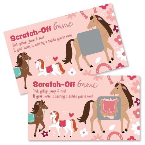 Pretty Pink Floral Pony Scratch-Off Cards INCLUDES 22 Birthday Party game cards: 20 "loser" cards and 2 "winner" cards. FUN PARTY GAME: Run Wild Horses scratch-off cards will be enjoyed by Birthday Party guests of all ages. Each game card measures 2.75” tall x 4.75” wide. Winner and loser game cards are packaged separately so it is easy to pre-select the game winners if you choose. 3 WAYS TO PLAY: Simple - Greet guests as they arrive and hand them a scratch-off card. Quick - Display one scratch- Horse Birthday Party Games, Horse Theme Birthday Party, 22 Birthday, Birthday Party Game, Pony Birthday Party, Horse Birthday Parties, Horses Theme, Scratch Off Cards, Horse Party