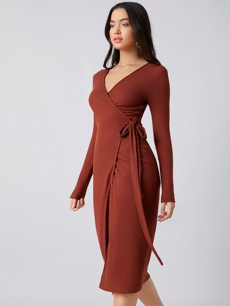 Rib-knit Wrap Belted Dress | SHEIN USA Designs Dress, Jersey Wrap Dress, Grey Shades, Knit Wrap Dress, Dresses Beautiful, Wrap Belt, Dress Blouse, Knit Wrap, Bodycon Fashion