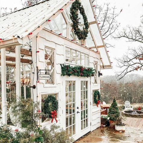 Christmas Greenhouse, Small Stone Cottage, Greenhouse Pictures, Cottage Backyard, Christmas Home Decorations, Winter Greenhouse, Greenhouse Shed, Backyard Greenhouse, She Sheds