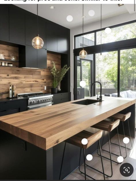 Серая Кухня, Butcher Block Island, Butcher Block Kitchen, Chalet Design, Kitchen Design Open, Block Island, Island Ideas, Kitchen Inspiration Design, Black Cabinets