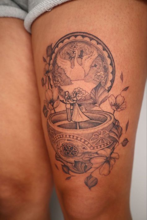 Disney Thigh Tattoos For Women, Disney Thigh Tattoos Women, Anastasia Music Box Tattoo, Anastasia Tattoo Ideas, Disney Tarot Card Tattoo, Anastasia Tattoo Disney, Persian Tattoos, Music Box Tattoo, Anastasia Tattoo