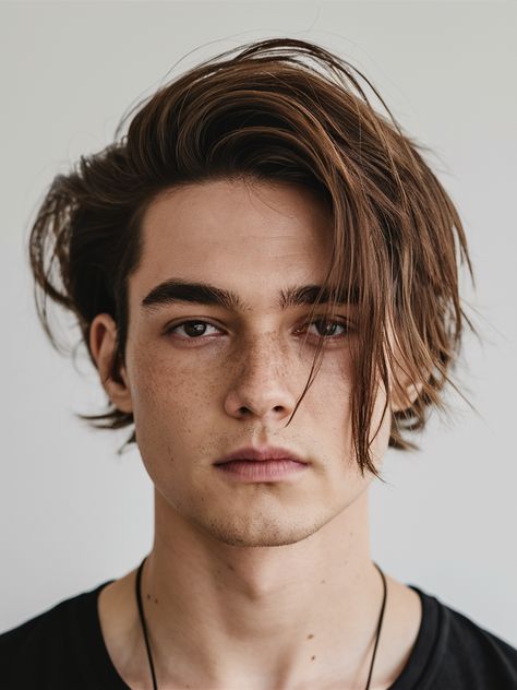 A relaxed medium-length hairstyle, this look embraces natural texture with long, side-swept layers that frame the face. Ideal for men round face haircuts long, this cut adds movement and works particularly well for those with wavy hair. Long Layers With Side Part, Layers With Side Part, Haircuts For Round Faces Men, Round Faces Men, Mens Haircuts Round Face, Round Face Haircuts Long, Men Round Face, Masculine Haircuts, Korean Wavy Hair