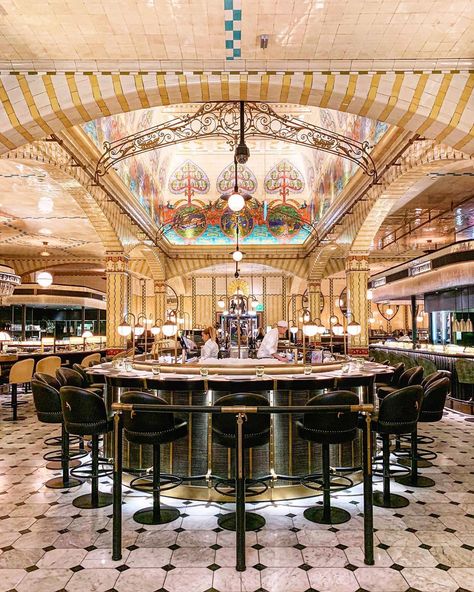 Gulshan on Instagram: “One of my earliest memories of London was visiting Harrods on the weekends. Many years later and it’s appeal never fails ... @harrods…” Harrods Interior, Wine And Coffee Bar, Burgundy Aesthetic, Europe 2024, Travel England, Harrods London, London Food, Duke Of York, Bar Interior