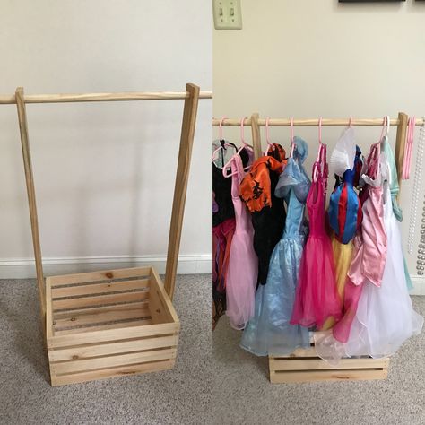 Baby Clothes Hanger Stand Gift, Diy Mini Clothes Rack, How To Organize Dress Up Clothes, Small Dress Up Area, Kids Costume Storage Ideas, Diy Dress Up Station, Doll Clothes Storage Ideas, Diy Toddler Dress, Dress Up Storage