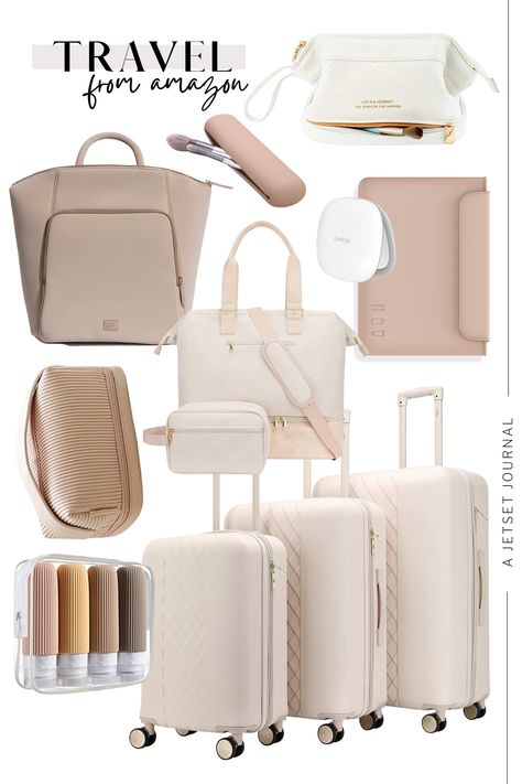 Unleash your style even when on the move. 'Travel in Style With These Neutral Finds - A Jetset Journal' is a curated collection of travel gear that combines aesthetics and practicality. From versatile travel suitcases to fashion-forward essentials, we provide tips and recommendations to make your travels not just comfortable but extraordinarily chic. Beige Travel Accessories, Beige Travel Essentials, Taupe Travel Bags, Neutral Travel Aesthetic, Travel Aesthetic Luggage, Classy Luggage, Everyday Beige Luggage With Sleeve, Travel Luggage Aesthetic, Elegant Beige Travel Bag For On-the-go