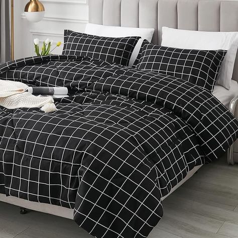 Amazon.com: Andency Black Grid Comforter Set Full Size (79x90 Inch), 3 Pieces(1 Grid Comforter and 2 Pillowcases), Summer Lightweight Microfiber Down Alternative Black Comforter with White Lines : Andency: Home & Kitchen Grid Comforter, Grid Bedding, Bedding Black, Comforter Sets Boho, Plaid Comforter, Black Comforter, Grey Comforter Sets, Bed Comforter Sets, Down Comforters