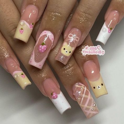 Fake Nails Designs, Cute Simple Nails, Girly Acrylic Nails, Hello Kitty Nails, Pretty Gel Nails, Really Cute Nails, Soft Nails, Unique Acrylic Nails, Bling Acrylic Nails