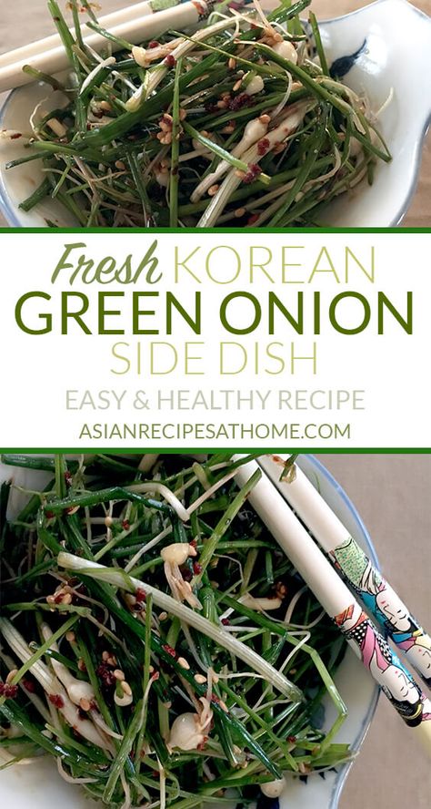 Fried Green Onions, Green Onion Salad, Korean Bbq At Home Sides, Korean Onion Side Dish, Green Onion Recipes, Korean Side Dishes Bean Sprouts, Green Onion Korean Side Dish, Green Onion Salad Korean, Korean Spinach Side Dish