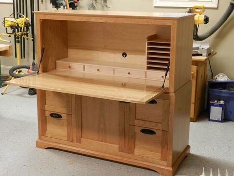 Custom Made Drop Front Desk Cabinet Desk Dresser Combo, Magic Furniture, Computer Desk Plans, Furniture Reference, Modern Secretary Desk, Drop Front Desk, Workshop Projects, Hobby Desk, Campaign Furniture