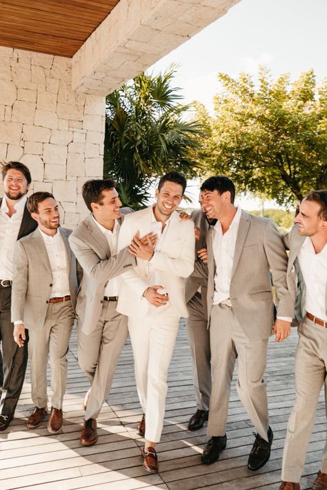 Tan Groomsmen, Beach Wedding Groom Attire, Beach Wedding Groom, Cancun Destination Wedding, Beach Wedding Suits, Taupe Wedding, Wedding Groomsmen Attire, Beach Wedding Attire, Mens Wedding Attire