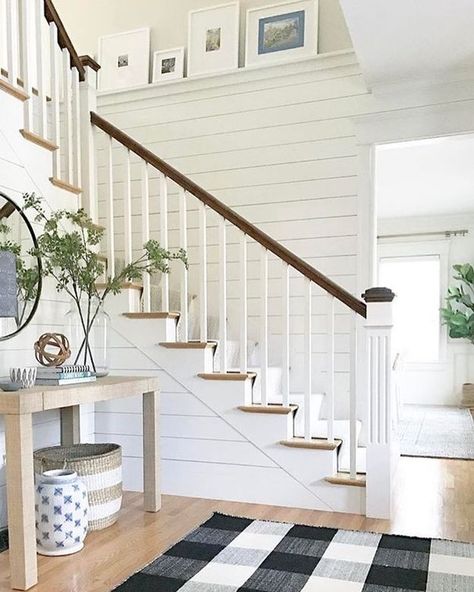 Shiplap Staircase, Farmhouse Staircase Decor, Modern Farmhouse Staircase, Farmhouse Staircase, Farmhouse Winter Decor, Staircase Decor Ideas, Staircase Wall Decor, Stairway Decorating, Foyer Staircase