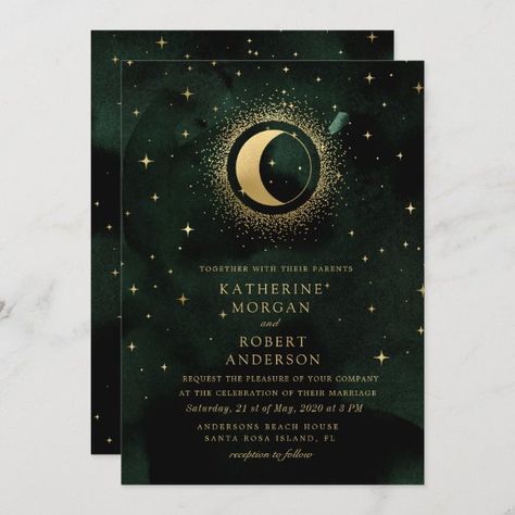 Emerald Green Wedding Theme, Celestial Wedding Theme, Witch Wedding, Dark Green Wedding, Dark Wedding Theme, Starry Night Wedding, Moon Photo, Green Themed Wedding, Emerald Green Weddings