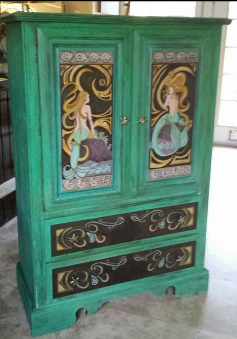 Hand painted art nouveau mermaid armoire Art Nouveau Painted Furniture, Mermaid Hands, Mermaid Dresser, Art Nouveau Bedroom, Art Nouveau Mermaid, Mermaid Ideas, Painted Armoire, Jewelry Box Makeover, Beach Furniture