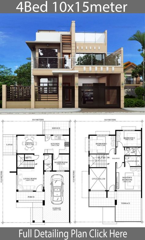 Home Design Plan 10x15m With 4 Bedrooms - Home Ideas Philippines House Design, Two Story House Design, Modern House Floor Plans, 2 Storey House Design, Two Story House, Duplex House Plans, House Design Pictures, House Plan Gallery, Sims House Plans