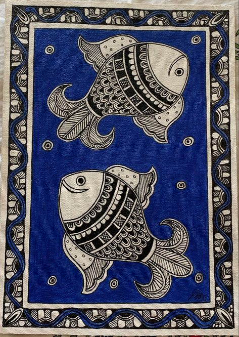 Monochrome Acrylic canvas painting size A4 (21x29.7 cm) Fish Madhubani Painting, Painting Of Fish, Madhubani Fish, 4 Canvas Paintings, Painting Madhubani, Mithila Painting, Madhubani Paintings, Acrylic Canvas Painting, Saree Painting