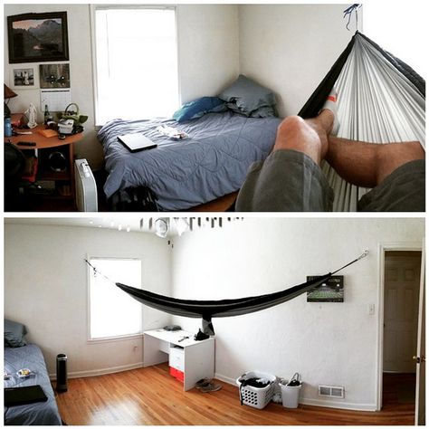 How to Hang Your Hammock Indoors - Hobo Hammocks Indoor Hammock Hanging, Hammocks Inside, Hang A Hammock, Room Hammock, Indoor Hammock Bed, Hammock In Bedroom, Sleeping Hammock, Kids Hammock, Bedroom Ideas For Small Rooms