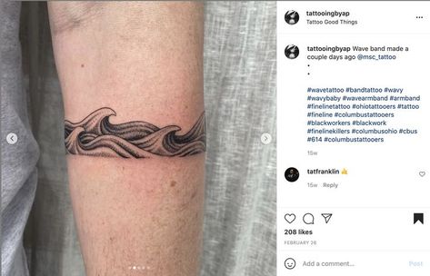 Wave Band Tattoo Men, Wave Cuff Tattoo, Wave Band Tattoo Design, Waves Tattoo Men, Arm Band Tattoo Waves, Wave Tattoo Wrapped Around Arm, Water Ankle Tattoo, Water Wrist Band Tattoo, Wave Arm Band Tattoo