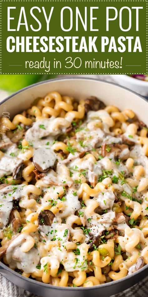 Shaved Steak Recipe, Philly Cheesesteak Pasta, Cheesesteak Pasta, Chunky Chef, Steak Pasta, One Pot Dinners, One Pot Meal, Easy One Pot Meals, Philly Cheesesteak