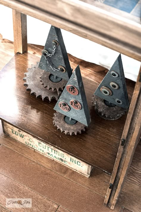 Industrial scrap wood Christmas trees in Christmas living room home tour. Rustic Wood Christmas Trees, Industrial Farmhouse Christmas Tree, Junk Christmas Tree, Farmhouse Industrial Christmas Tree, Industrial Christmas Decor, Industrial Christmas Ornaments, Rustic Christmas Crafts Sculptures & Statues, Metal Christmas Tree Rustic, Rusty Tin Christmas Tree