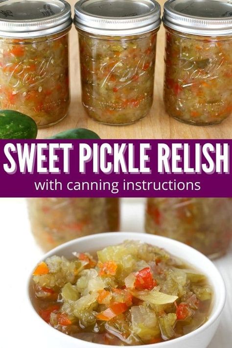 Sweet pickle relish is a fantastic way to use up produce from your garden. A sweet pickle relish recipe that you can make and serve or can to preserve! This pickle relish is loaded with cucumbers, red and green bell peppers, seasonings, and spices, all cooked up to a delicious homemade relish. #relish #sweet #pickle #easy #homemade #fromscratch #produce #canning #waterbath Sweet Pickle Relish Recipe Canning, Canning Recipes Pickles, Sweet Pickle Relish Recipe, Sweet Relish Recipe, Simple Canning, Pickled Squash, Homemade Relish, Sweet Pickles Homemade, Pickle Relish Recipe